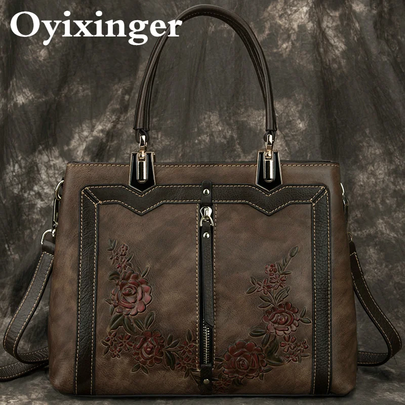 

OYIXINGER Retro Women Bag Genuine Leather Luxury Shoulder Bags For Female New Handmade Embossed Vintage Top-handle Bag Ledies