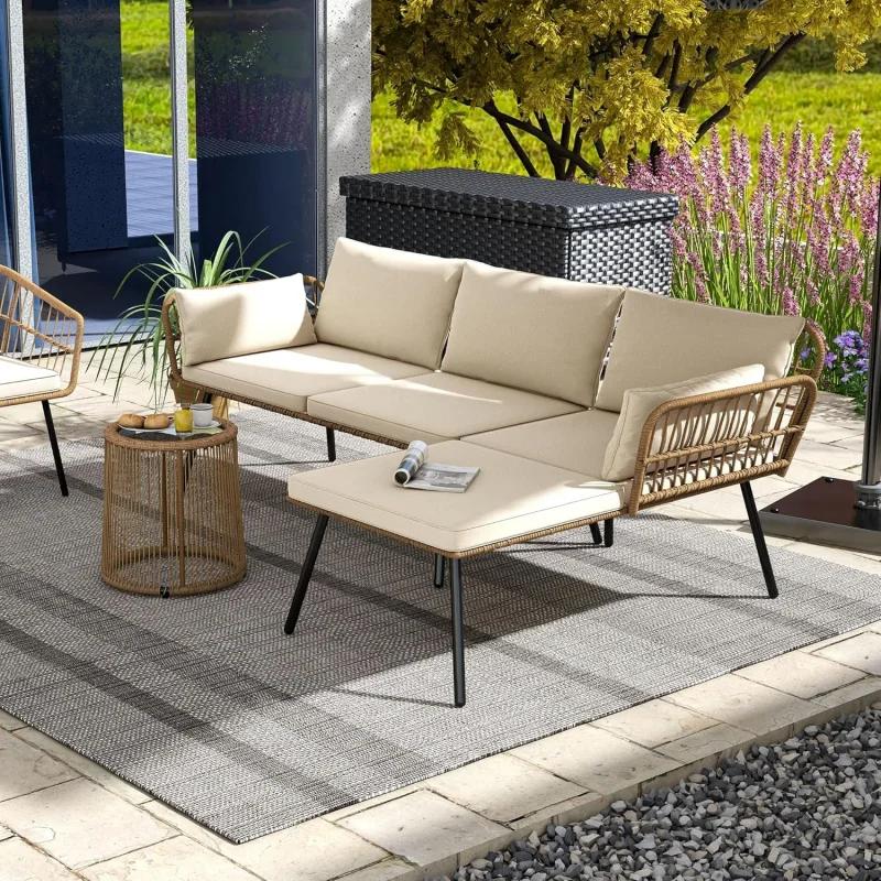 

3-Piece L-Shaped Wicker Patio Conversation Set, Outdoor Sectional Sofa with Detachable Cushions & Coffee Table Backyard