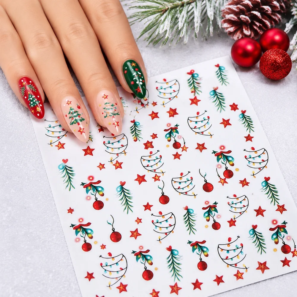1Pc Luminous Glow‑In‑Dark Christmas Nail Decal Adhesive Xmas Tree Pine Branch Star Bauble Sticker Holiday Manicure DIY Ornaments