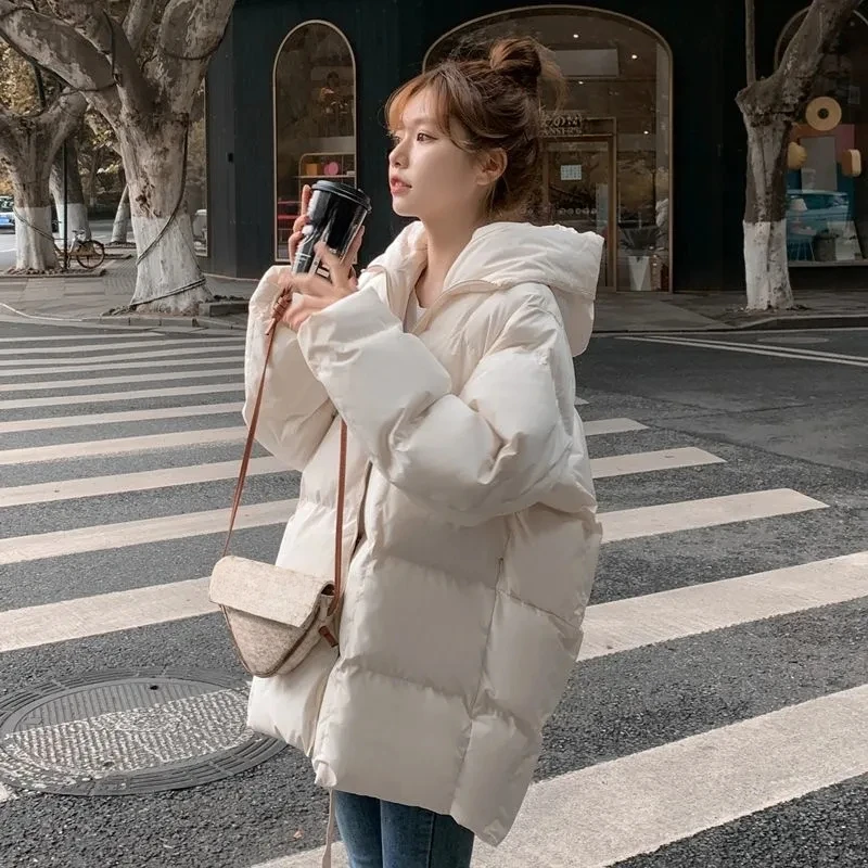 New Down Cotton Parka Winter Jackets Women White Zipper 2023 Korean Loose Hooded Bubble Coats Female Simple Basic Outwear