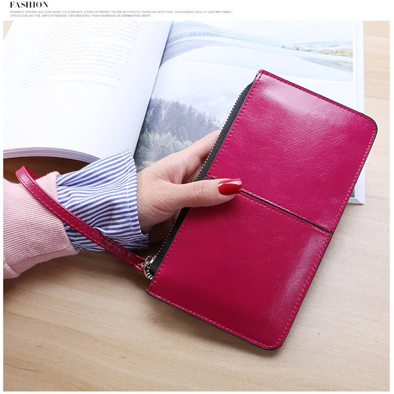 Women's Vintage Oil Wax Leather Zipper Handbag Bank Large Capacity Zero Wallet  Wrist Strap Simple Name Bag Card Holders Wallets