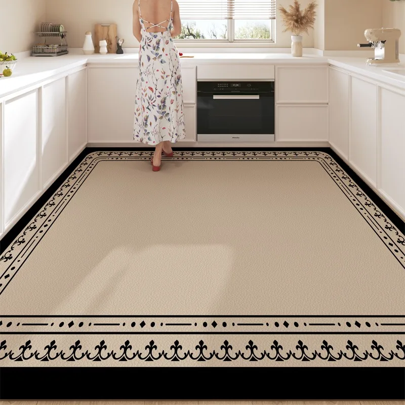 Kitchen Carpet Full Non-slip Oil-proof Floor Mat PVC Leather Wipeable Washable Rugs Black White Large Size Home Decoration Mats