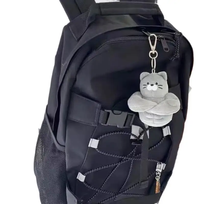 Weicher, flauschiger, grauer Muskelkatzen-Plüsch-Schlüsselanhänger, Cartoon-Plüsch-Schlüsselring, Taschenanhänger, Rucksack-Ornament, Geschenk für Katzenliebhaber – Detail 5