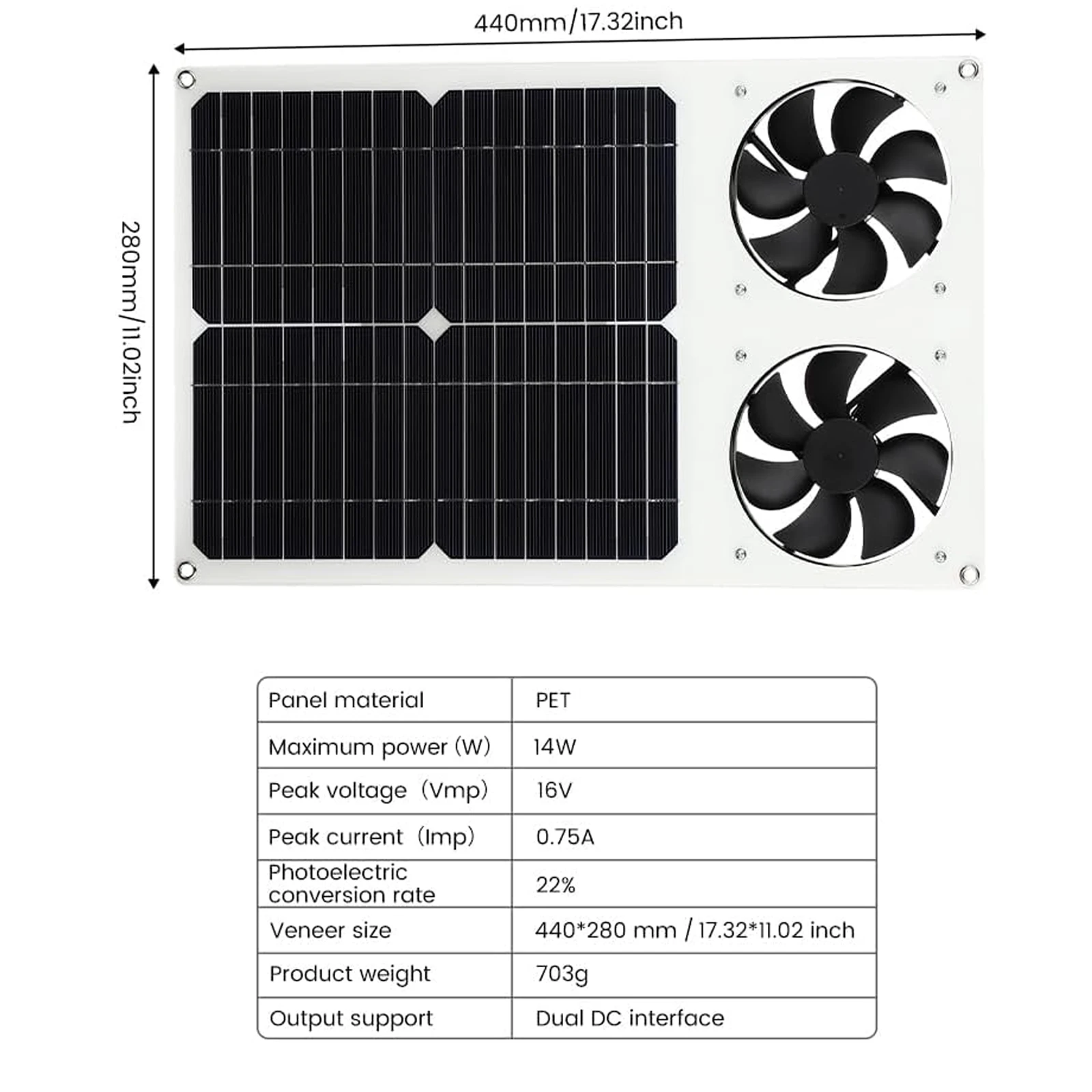 Solar Panel Fan Kit, 14W Weatherproof with DC Dual Fan Portable Energy Photovoltaic Power Generation for Small Chicken Coops