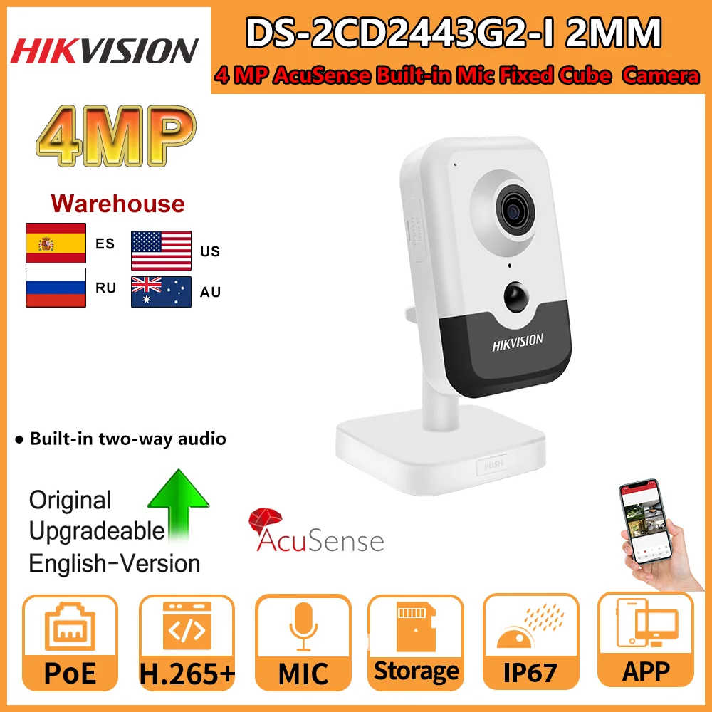 Hikvision Original 4MP AcuSense Built-in Mic Fixed Cube Network Camera PoE Built-in 2-Way Audio PIR SD Card Slot Indoor Security