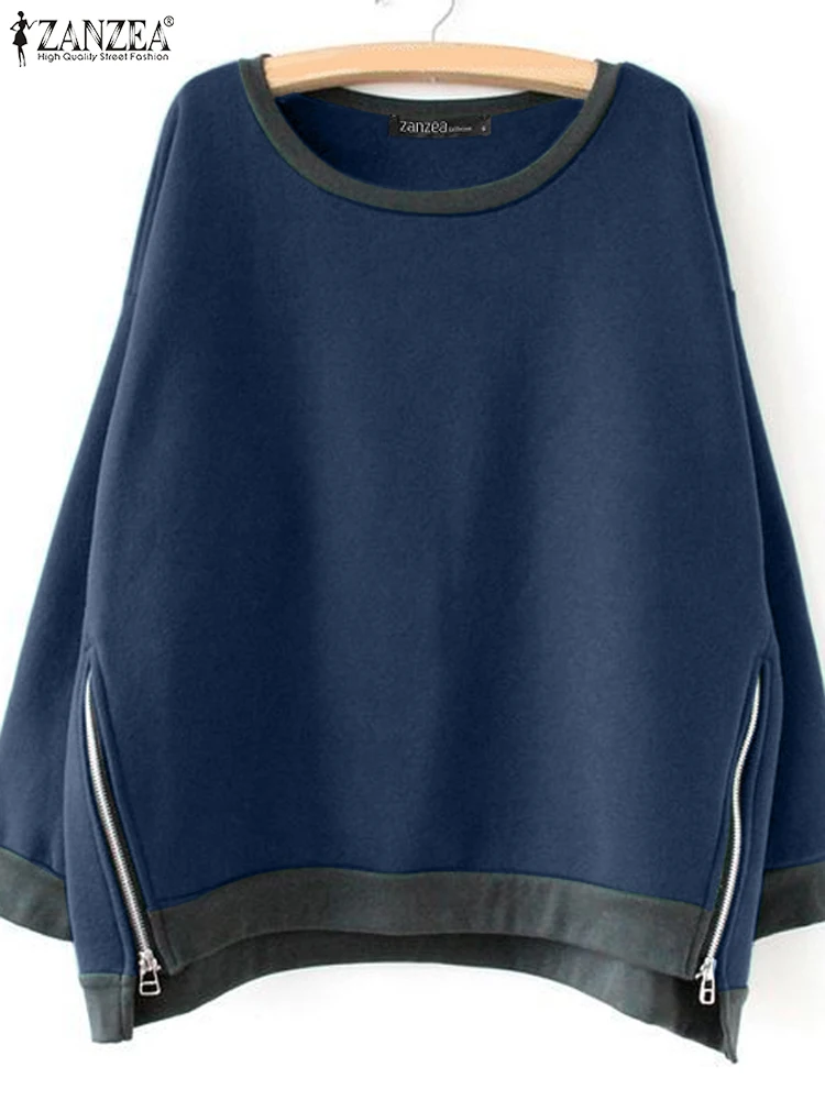 

ZANZEA Women Round Neck Sweatshirst 2024 Drop-Shoulder Long Sleeve Hoodies Casual Loose Zipper Harajuku Top Colorblock Pullovers