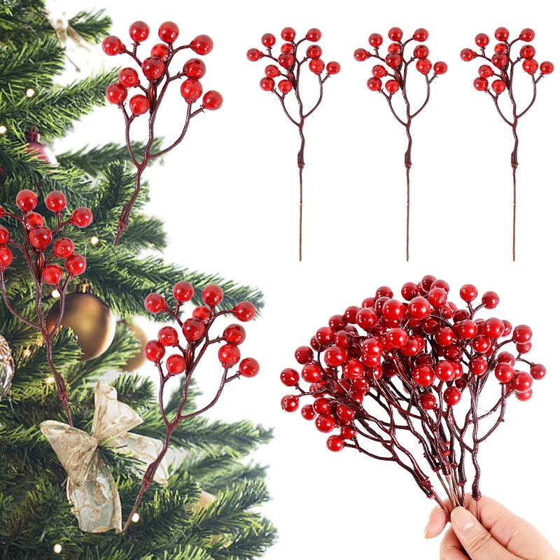 5/10pcs Christmas Red Berries Branch Artificial Flower Foam Berry Stamen Xmas Tree Home Decor DIY Christmas Wreath New Year Gift