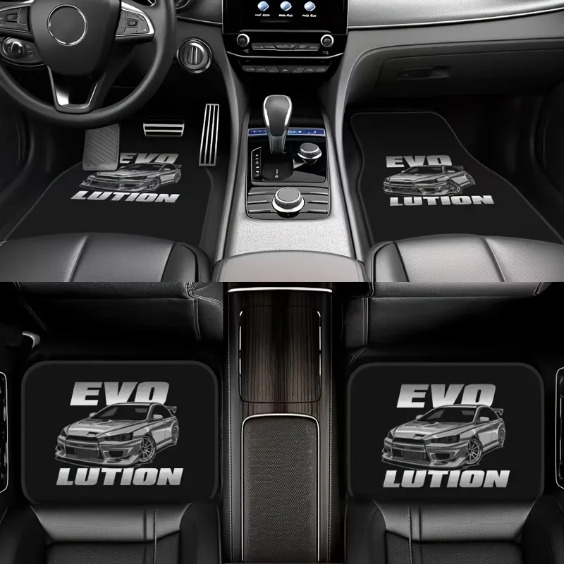 4pcs JDM EVO Car Letter Print Floor Mats - Durable Polyester, Easy To Clean All-Weather Universal Fit For Sedans, Trucks & SUVs