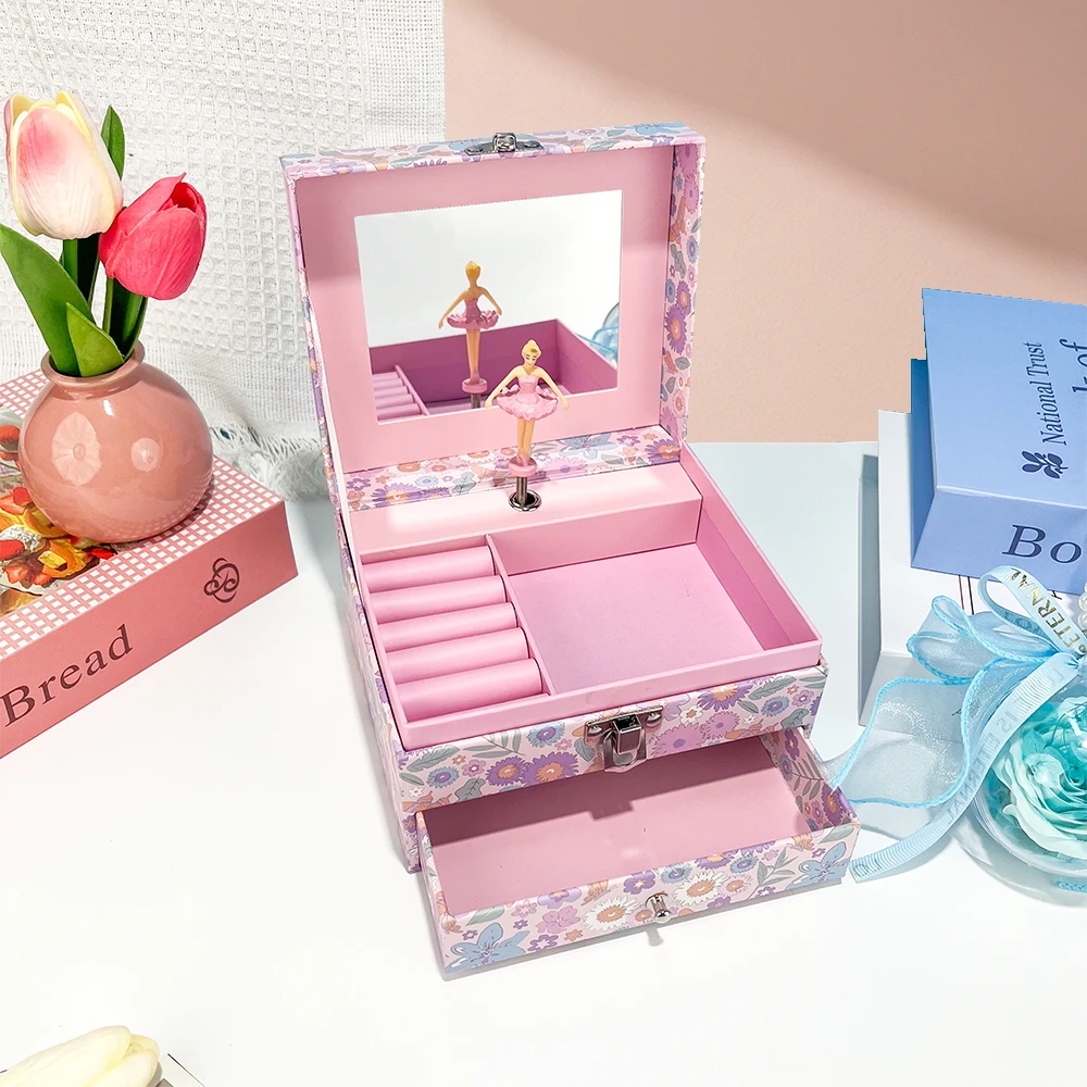 1Pcs Pink Floral Pattern Music Box Storage Box with Separate  Drawer  for Necklaces Jewelry Gift for Birthdays Valentine's Day