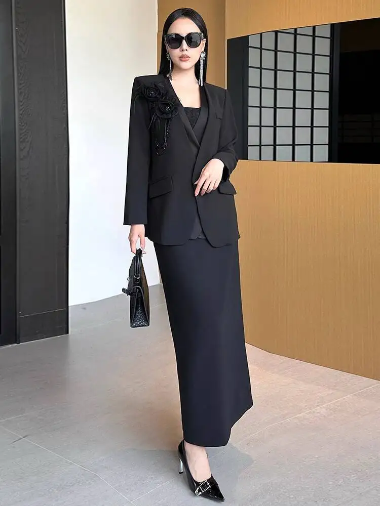 BEWQ-Conjunto de 2 uds de moda para mujer, chaqueta holgada de manga larga con cuello en V y retazos de flores en 3D, falda de cintura alta, traje de fiesta, otoño 2025