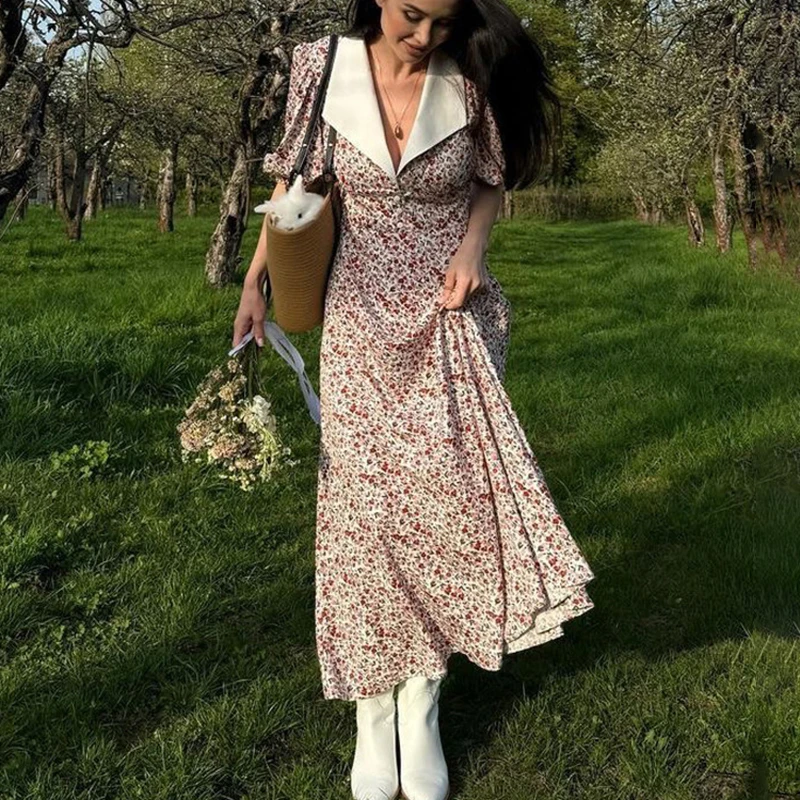

Tornova Elegant Printed Floral Long Dress For Women Puff Sleeve Lapel High Waist French Dress Slim Fashion Office Lady Clothes