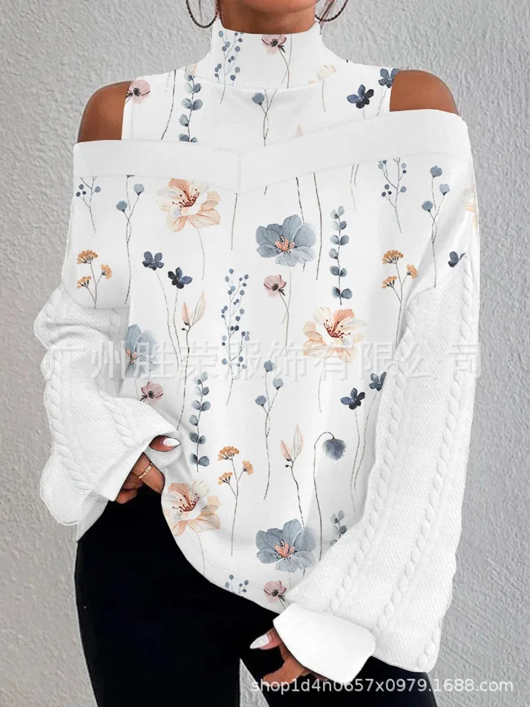 2023 New Women\'s High Neck Off Shoulder Long Sleeve Printed Hollow Out T-shirt Top