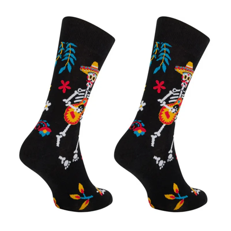 Colorful Sugar Skull Guitar Flower Crew Socks Day Of The Dead Mexico Día de Muertos Skeleton Cotton Socks Unisex Women Men Socks