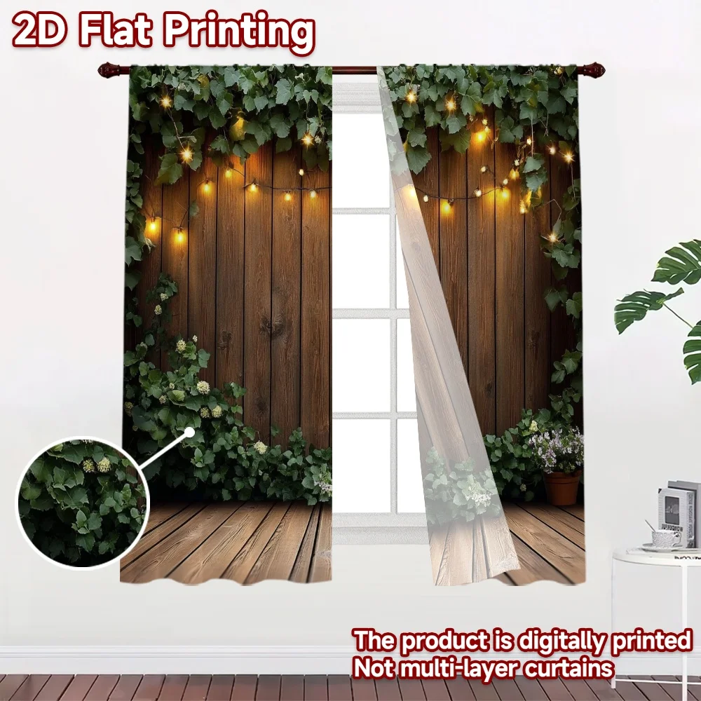 2D flat 2pcs Curtain Home Short Curtains Ivy Wood Fence Digitally printed polyester Party & Holiday Decor for Festive and Winter