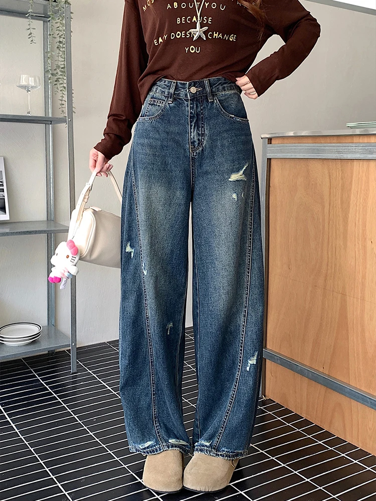 Y2k 2000s rasgado jeans feminino vintage streetwear perna larga calças jeans harajuku grunge cintura alta baggy casual calças retas