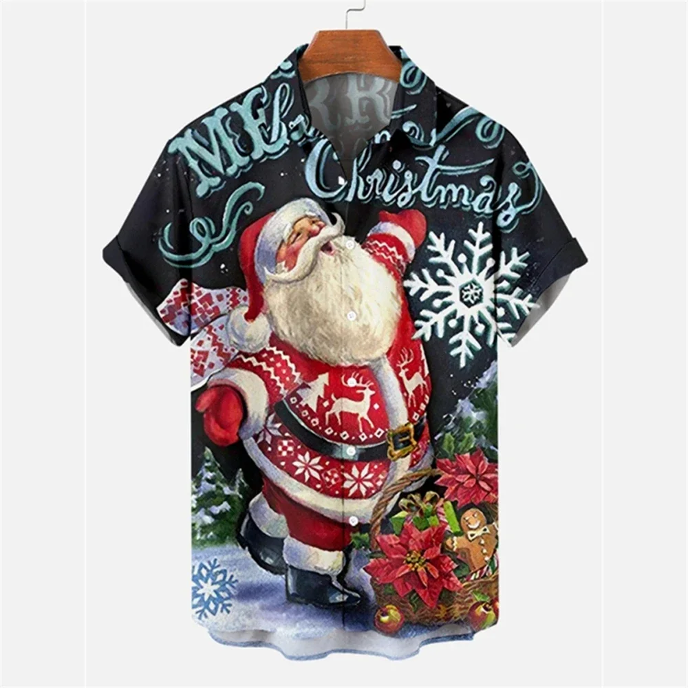 

2025 Christmas Graphic Santa Claus Men's Shirts Hawaiian Tops Short Sleeve Print Tees Lapel Festival Casual Oversized Clothing