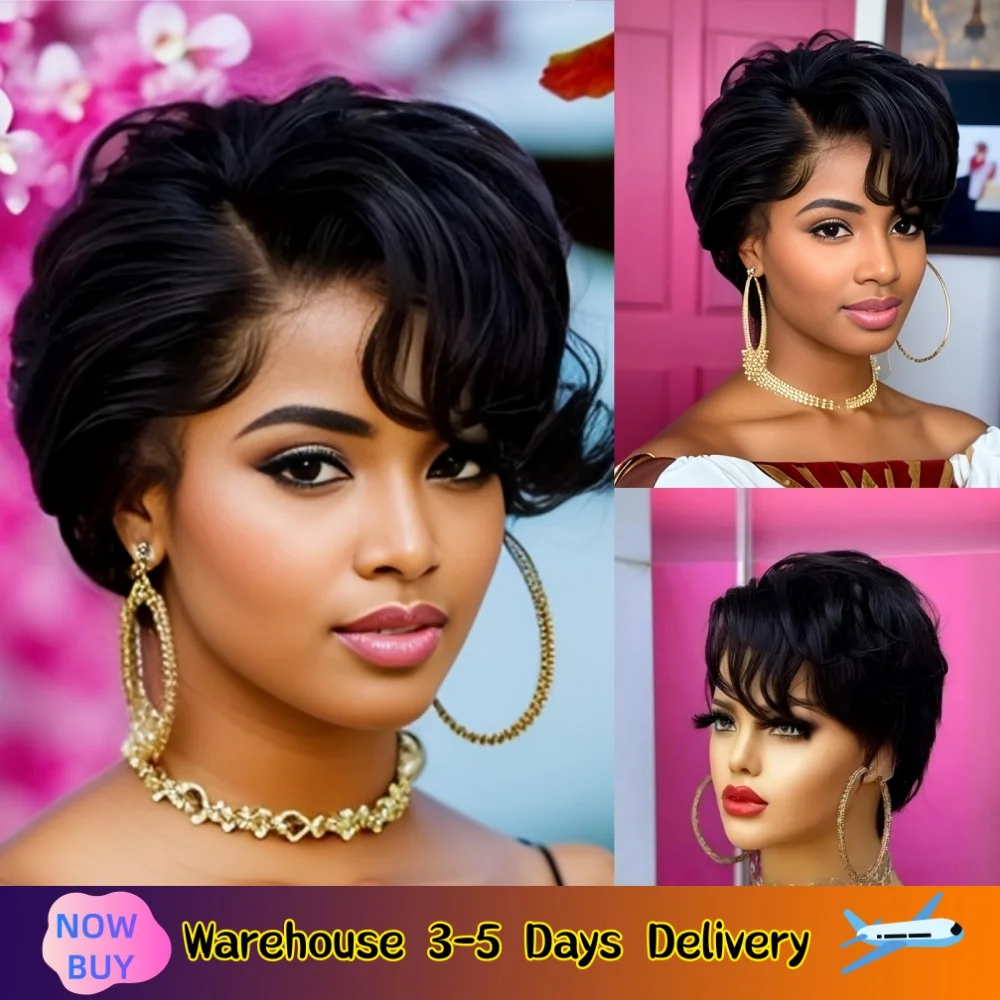 

Short Body Wave Pixie Cut Lace Wig Pre plucked Bob Wig 13X4X1 T Part Lace Wig Wave Human Hair Wigs 180% Densiity