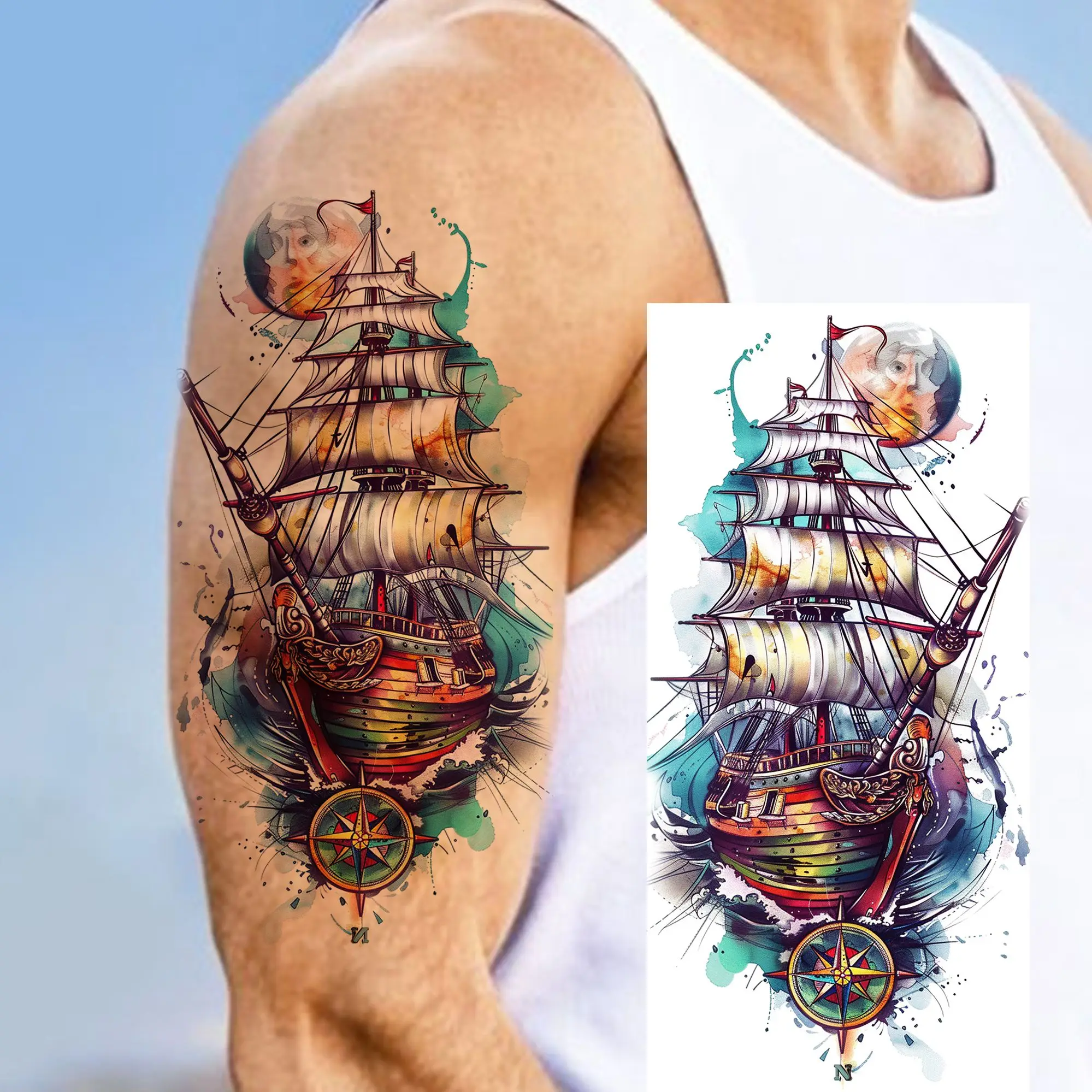 1 Blatt Aquarell Segeln Piratenschiff Wasserdicht Temporäre Tattoos Für Männer Frauen Erwachsene Realistische Segelboot Fake Tattoo Aufkleber