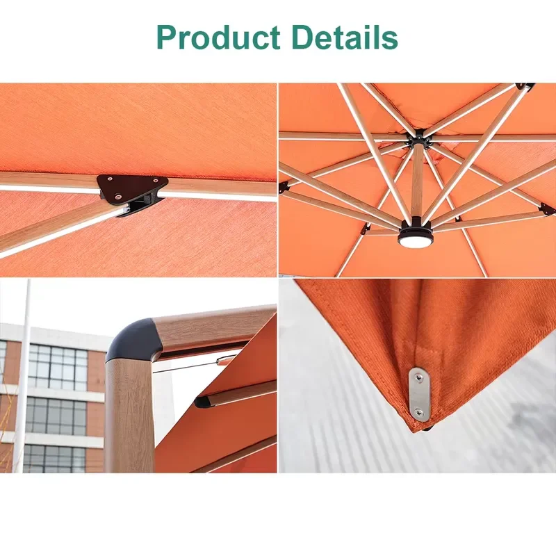Solar LED Cantilever Patio Umbrella 360 Swivel Stepless Tilt All-Aluminum Joints 3-Section Wood Grain 3X3M Gym Hotel