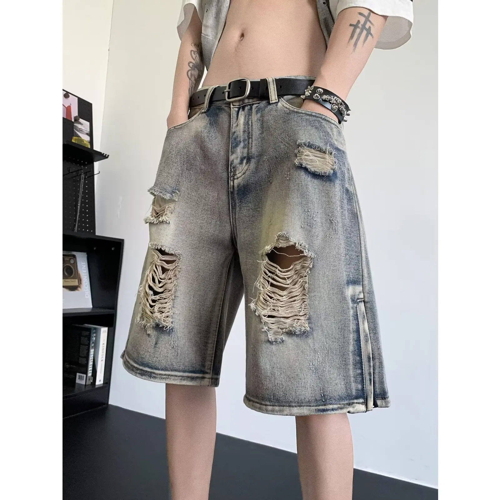 

Tagkita Men's Denim orts Summer Faion Brand Hole Design Zipper Split Casual Five-Quarter Length Straight Leg Fit Jeans