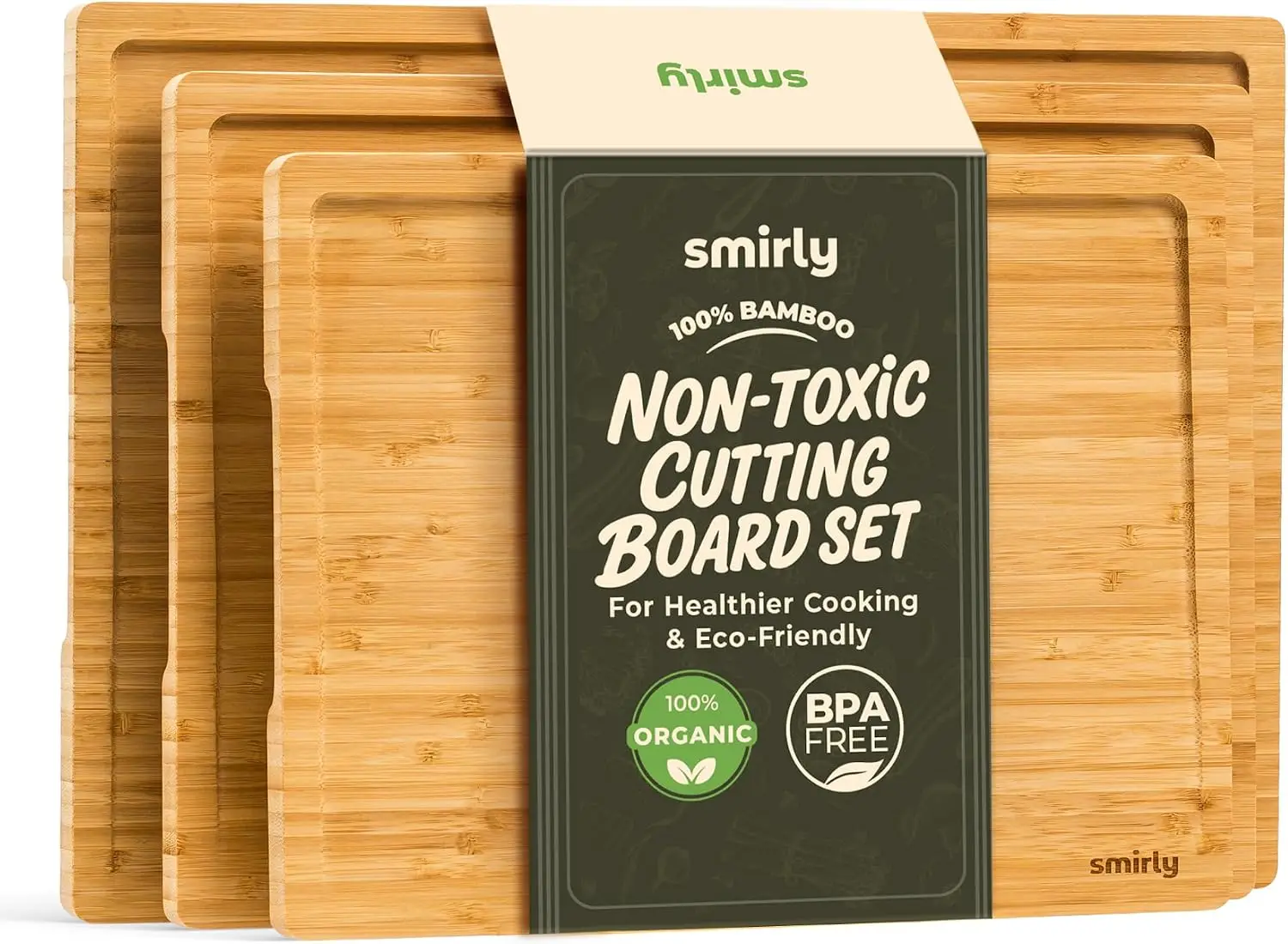 

3-Piece Bamboo Cutting Board Set for Kitchen - Large, Medium, Small with Juice Groove and Hidden Handle