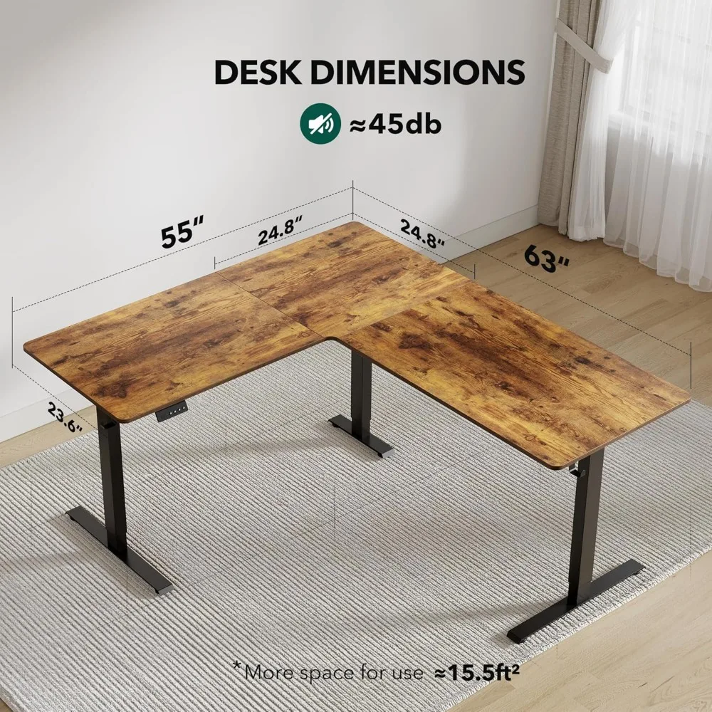 Mesa de pé em forma de L, mesa de canto de 63" com altura elétrica ajustável, mesa ajustável em forma de L com placa de emenda