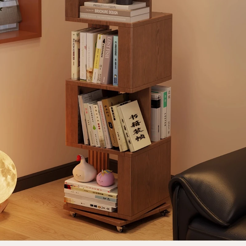 

360-Degree rotatable bookshelf Solid wood bookcase Living room corner floor rack integrated against the wall can be moved