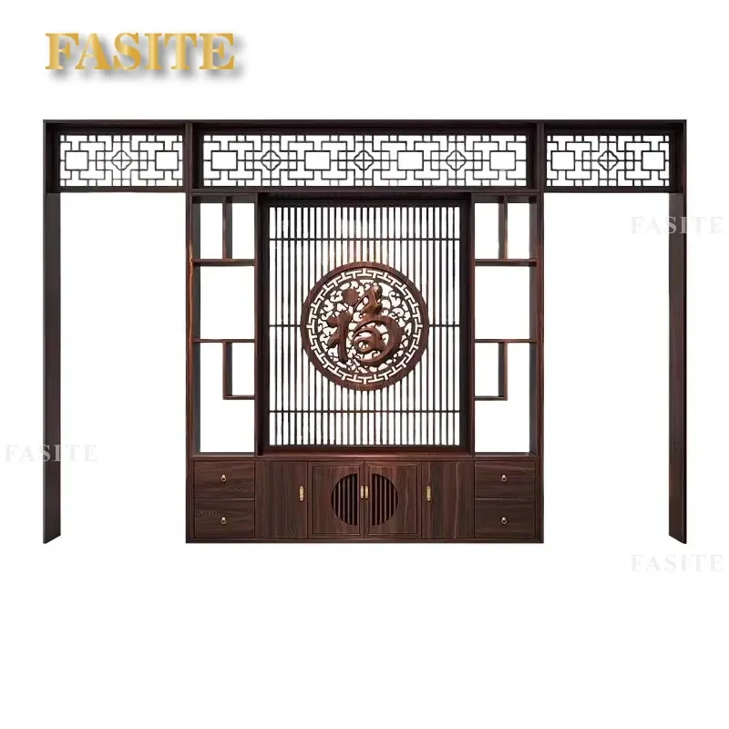 For New Chinese Style Pure Solid Wood Log Fu Character Carving Screen Partition Living Room Porch Entrance Hall Hole