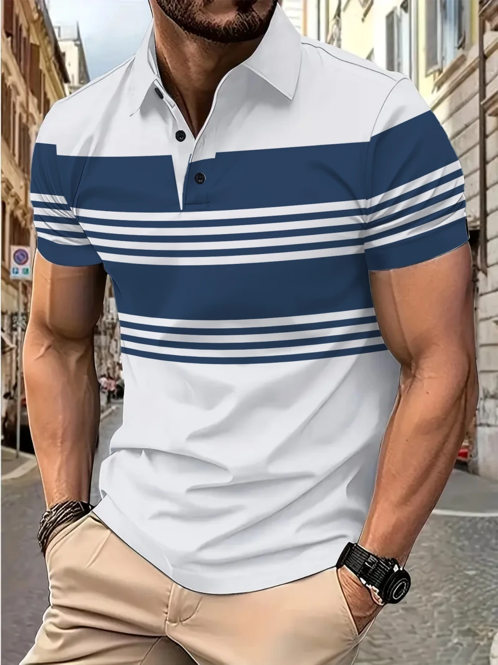 

Men's POLO Shirt Fashionable Digital Printed Striped Collar Casual And Trendy Button Summer Short-Sleeved Tops