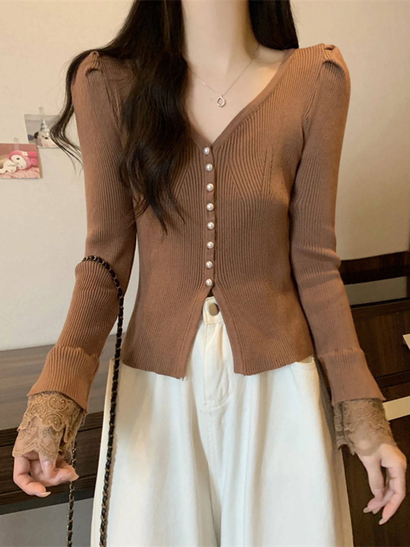 Dames Franse kanten trui V-hals Slim Fit Lange mouw Mode Top Elegant dieptepunt Shirt voor de lente herfst