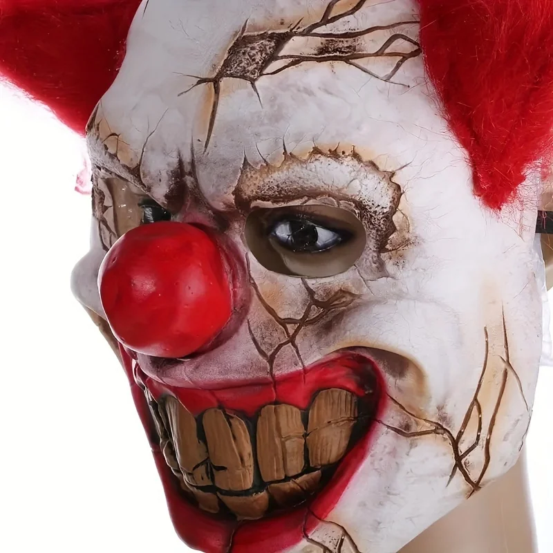 Realistic Latex Bad Clown Devil Mask with Red Wig,Smiling Zombie Full Face Mask Dress Up Accessories,Halloween Cosplay Costume