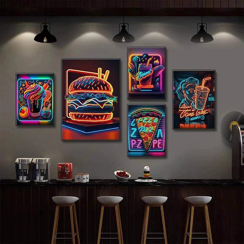 Neon Art Pizza Hamburger Coffee Ice Cream Poster Wall Canvas Painting Prints Pictures Fast Food Restaurant Club Bar Home Decor