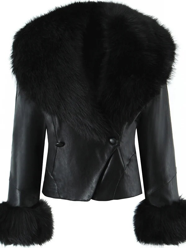 Faionable ort Bla Leather Jaet Damen-Sli, vielseitiger Mantel, winddicht, schlankmachend, großer Pelzkragen, europäischer Stil