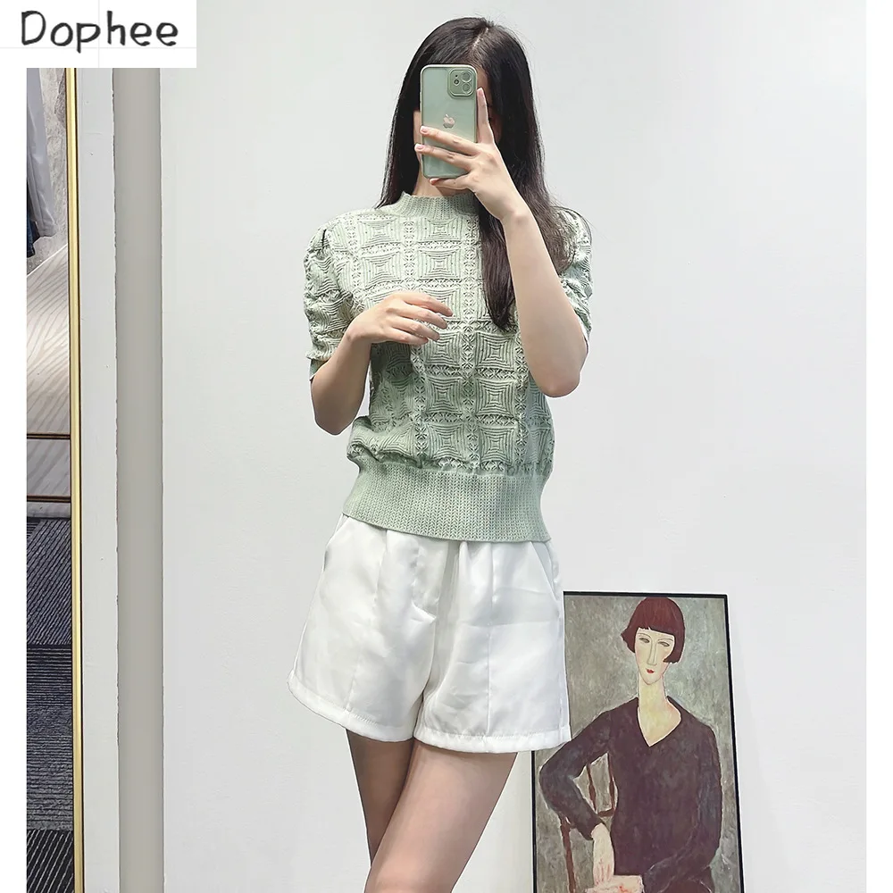 

High Quality 100% Cotton Knitting Shirts Elegant Hollow Out Half Sleeve Loose Pullover Top All-match Summer Sweater T-shirt Top