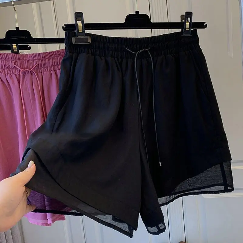 Short patchwork à laçage pour femme, taille élastique, monochrome, grande taille, short de sport assressenti, mode décontractée, vêtements d'été, nouveau