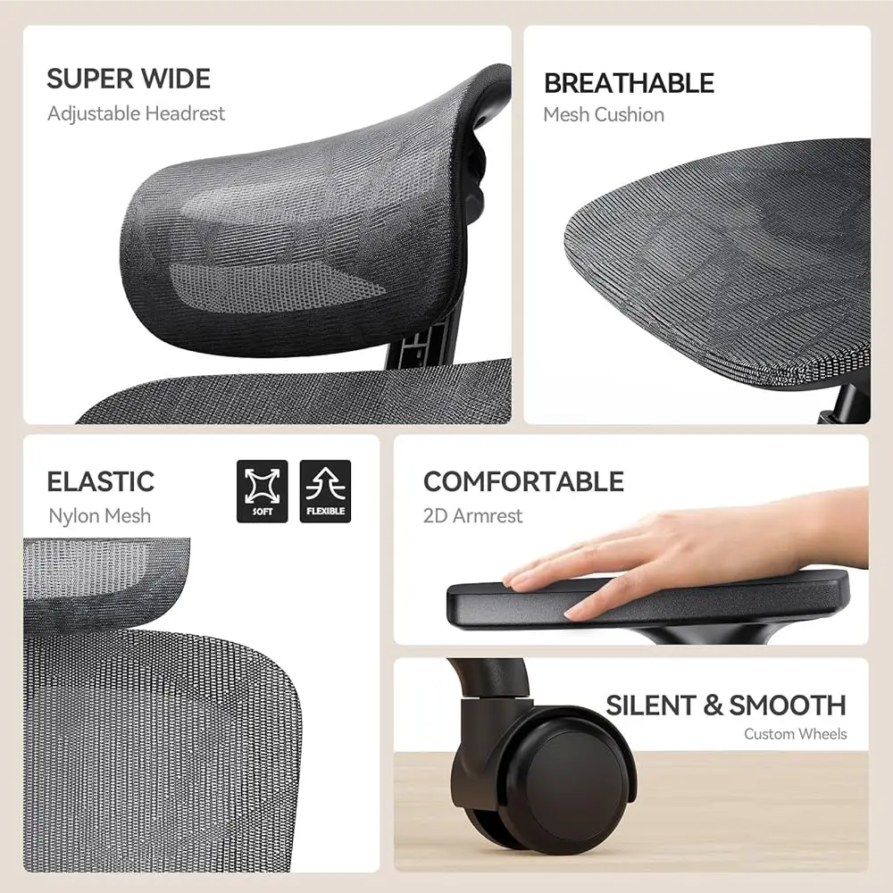 Ergonomic Mesh Office Chair With Flexible Adjustment Lumbar Support, High Ba Desk Computer Chair With 2D Wide Headrest,