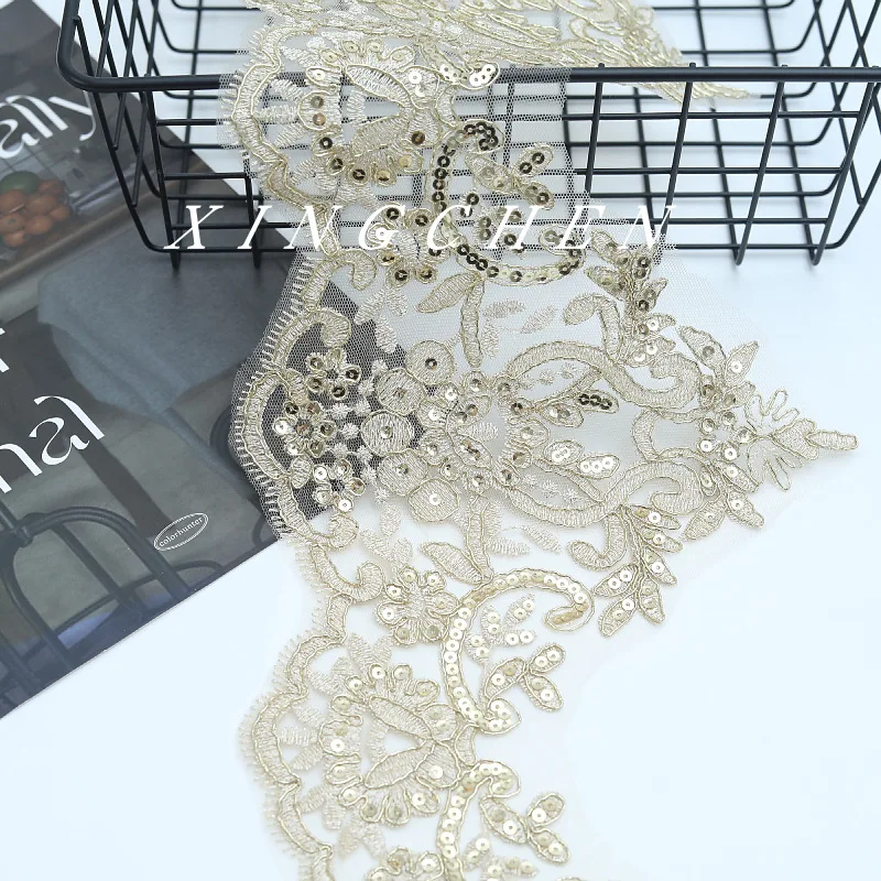 1 Yard 20cm wide Gold Thread Cording Lace Embroidery Lace Dress Home Textile Sequin Triming Dance Clothes DIY Materail