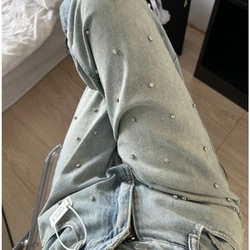 Women Denim Pants Vintage Wide Leg Jeans Baggy Trouser Vintage Rhinestones Y2k Harajuku High Waisted Streetwear Design Casual