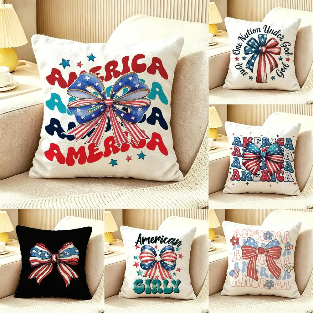 Independence Day Bow Cushion Cover Pillow Cover Nordic Minimalist Throw DoubleSided Print Cushion Case for Sofa Bedroom Decor