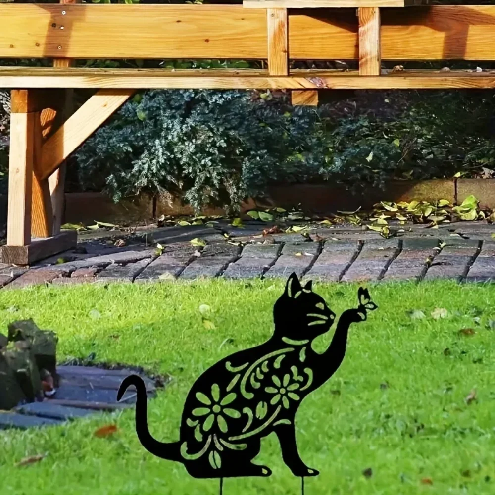 Kreative Metall-Gartendekoration: Bemalte Hohlkatzen-Landschaftsdekoration für den Außenbereich, zum Einstecken im Garten