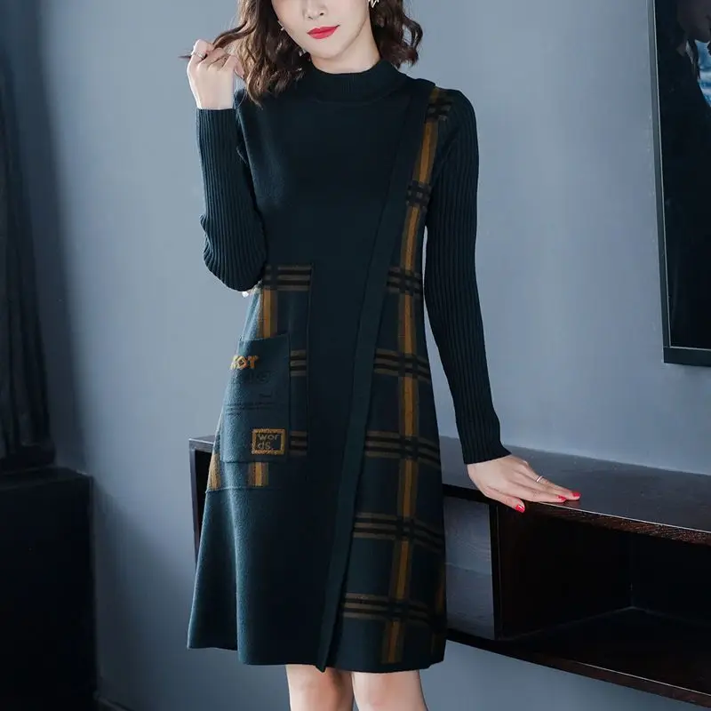 Korean Plaid Spliced Pockets Dresses Autumn Winter Chic Asymmetrical Casual Half High Collar Knitted Midi Dress Female Clothing