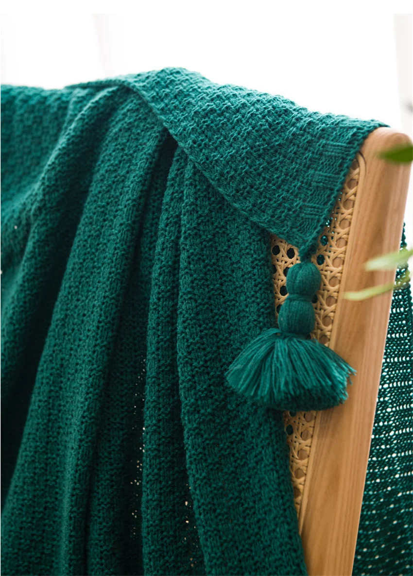 Nordische Decken für Bett, Sofa, Couch, grob gestrickte Tagesdecke, gestrickte Überwurfdecke mit Quaste, einfarbige Waffel-geprägte Decke – Detail 14