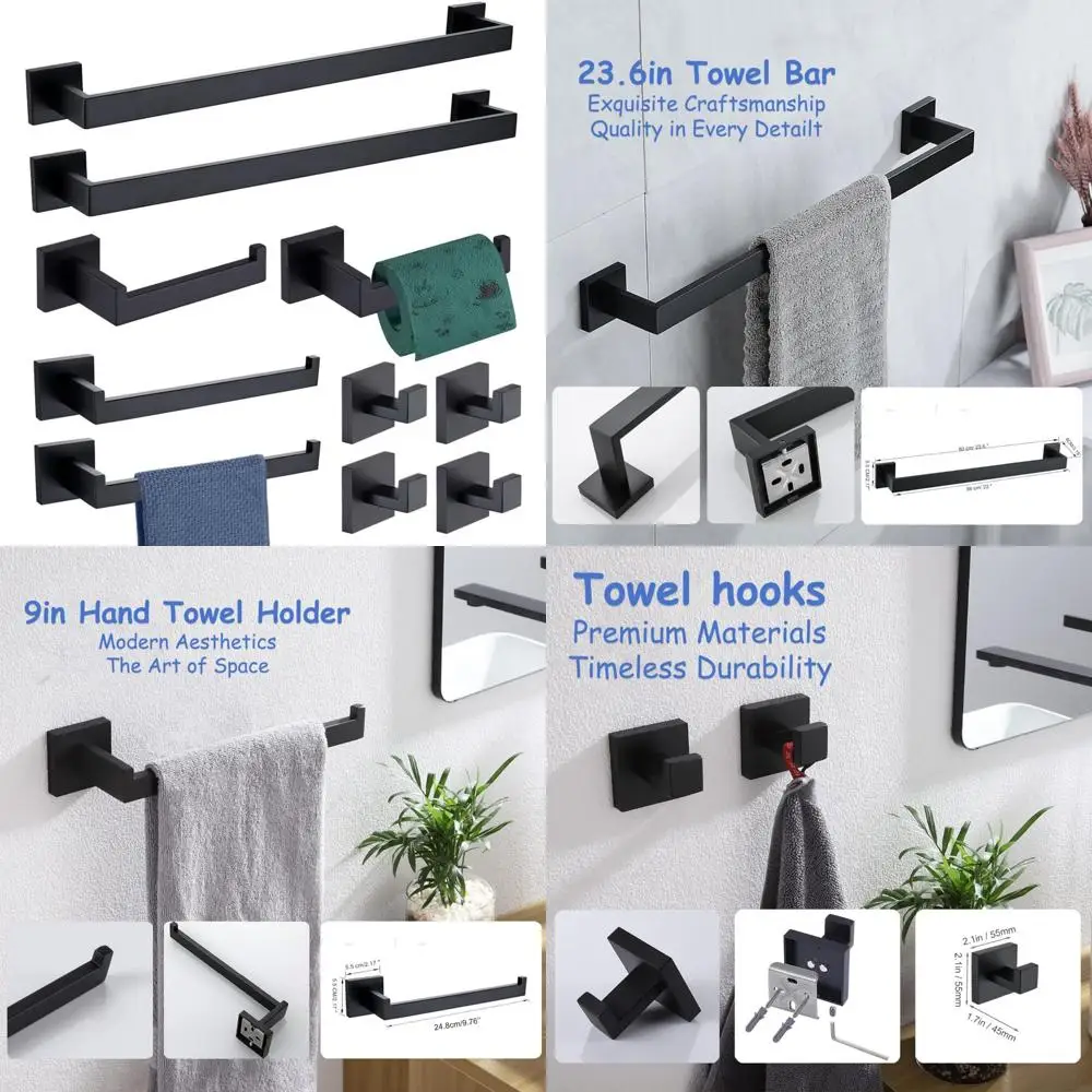 

Matte Black 10-Piece Towel Bar Set SUS304 Stainless Steel Bathroom Accessories with 2 Towel Bars and 2 Towel Hooks for Modern Ho