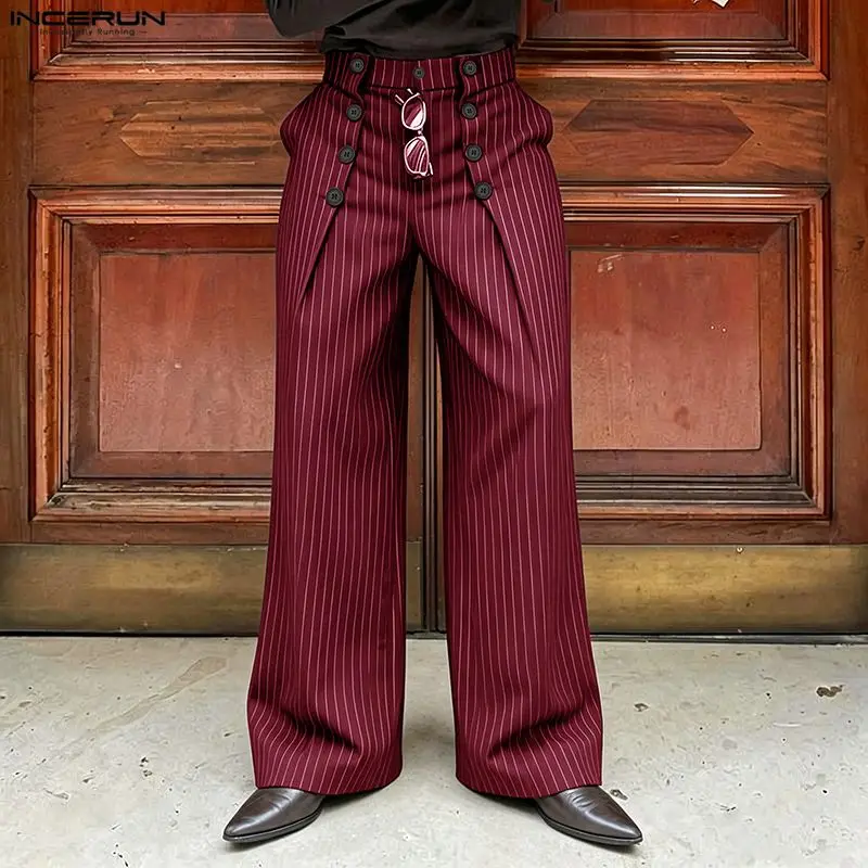 INCERUN Herren Gestreifte Hose mit Knöpfen, lockere, plissierte Hose mit weitem Bein, Streetwear 2026, modische Freizeithose für Herren, Pantalones