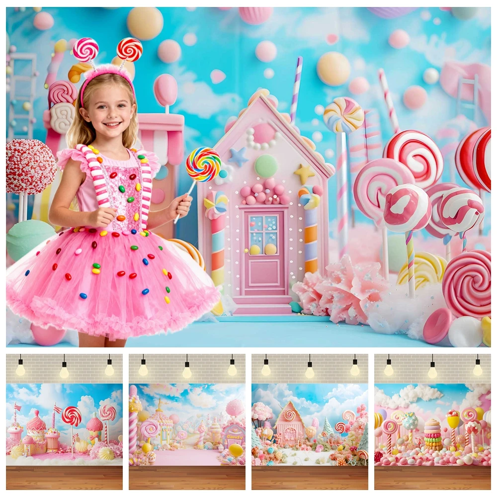 

Sweet Candy House Theme Photo Booth Backdrop Customizable Children Birthday Party Baby Shower Photography Background Wall Decor