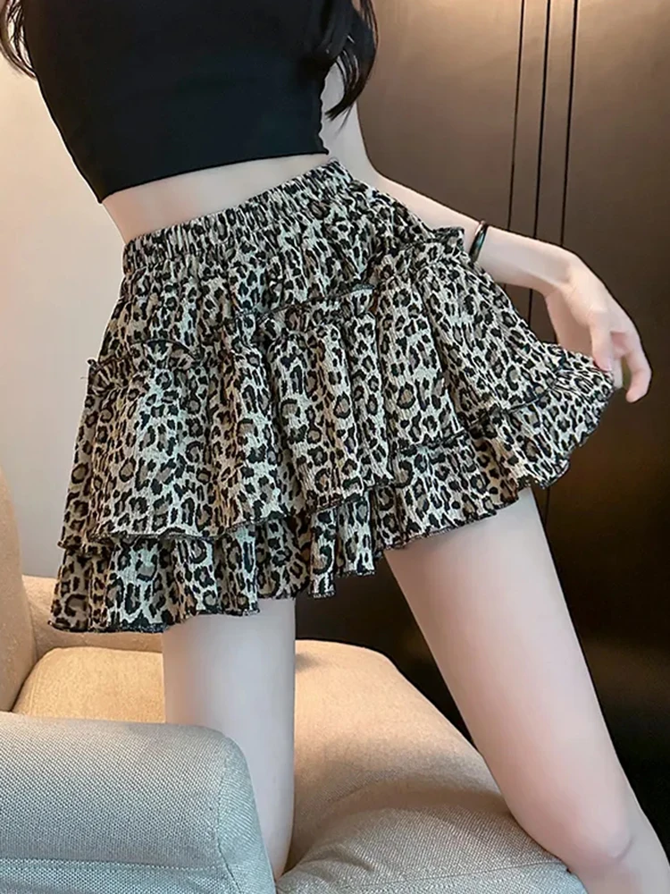 Sexy Leopard Mini Skirt Women Vintage American High Waist Streetwear Skirts Summer Retro Harajuku Casual Loose A Line Skirt New