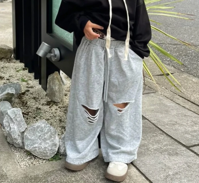 Parent Child Outfit Japanese Spring Summer Autumn Boys' Loose Wide Leg Pants Girls' Drawstring Ripped Casual Korean Long Pants