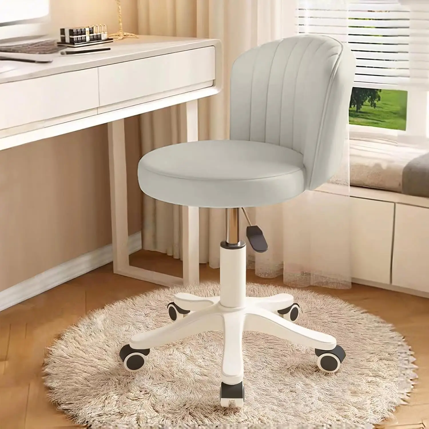 Silla de escritorio con ruedas redonda, cómoda silla de ordenador de tocador sin brazos con respaldo bajo, cuero PU, altura ajustable, giratoria, trabajo, Spa Chai