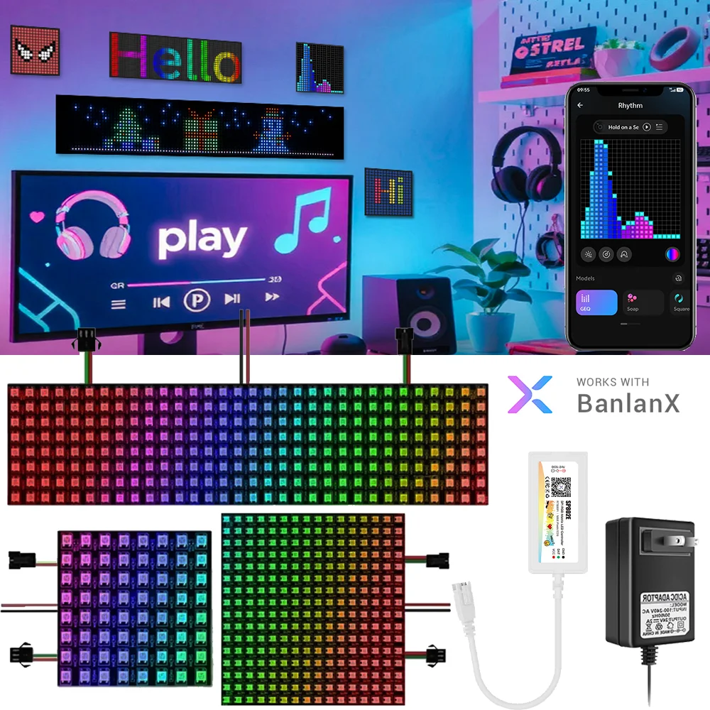 WS2812B RGB LED الرقمية مرنة قابلة للعنونة بشكل فردي لوحة ضوء وحدة تحكم بلوتوث 8x8 16x16 8x32 وحدة مصفوفة الشاشة