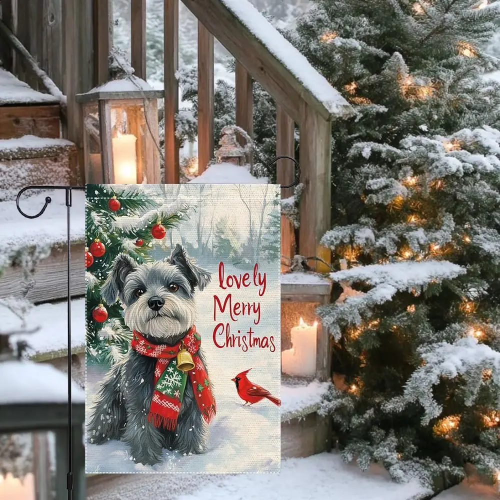 Christmas Dog Garden Flag 12x18 Inch Double Sided Lovely Merry Holiday Yard Decor with Schnauzer Red Scarf Bell Cardinal Tre LLG